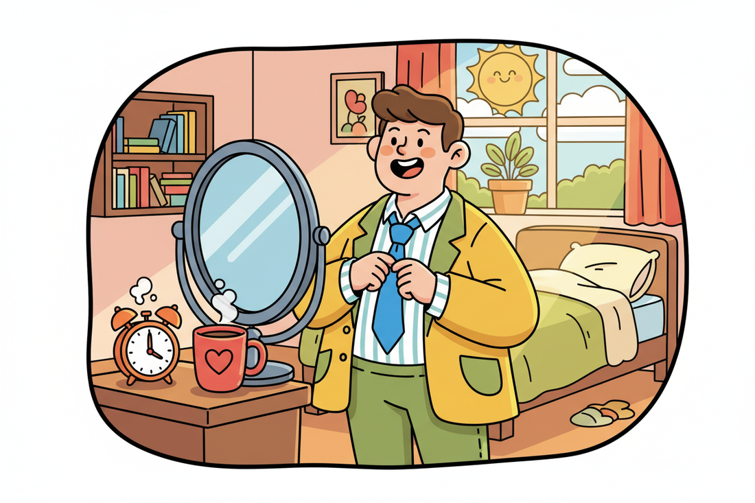 Cartoon image of a man tying a tie in a mirror and smiling